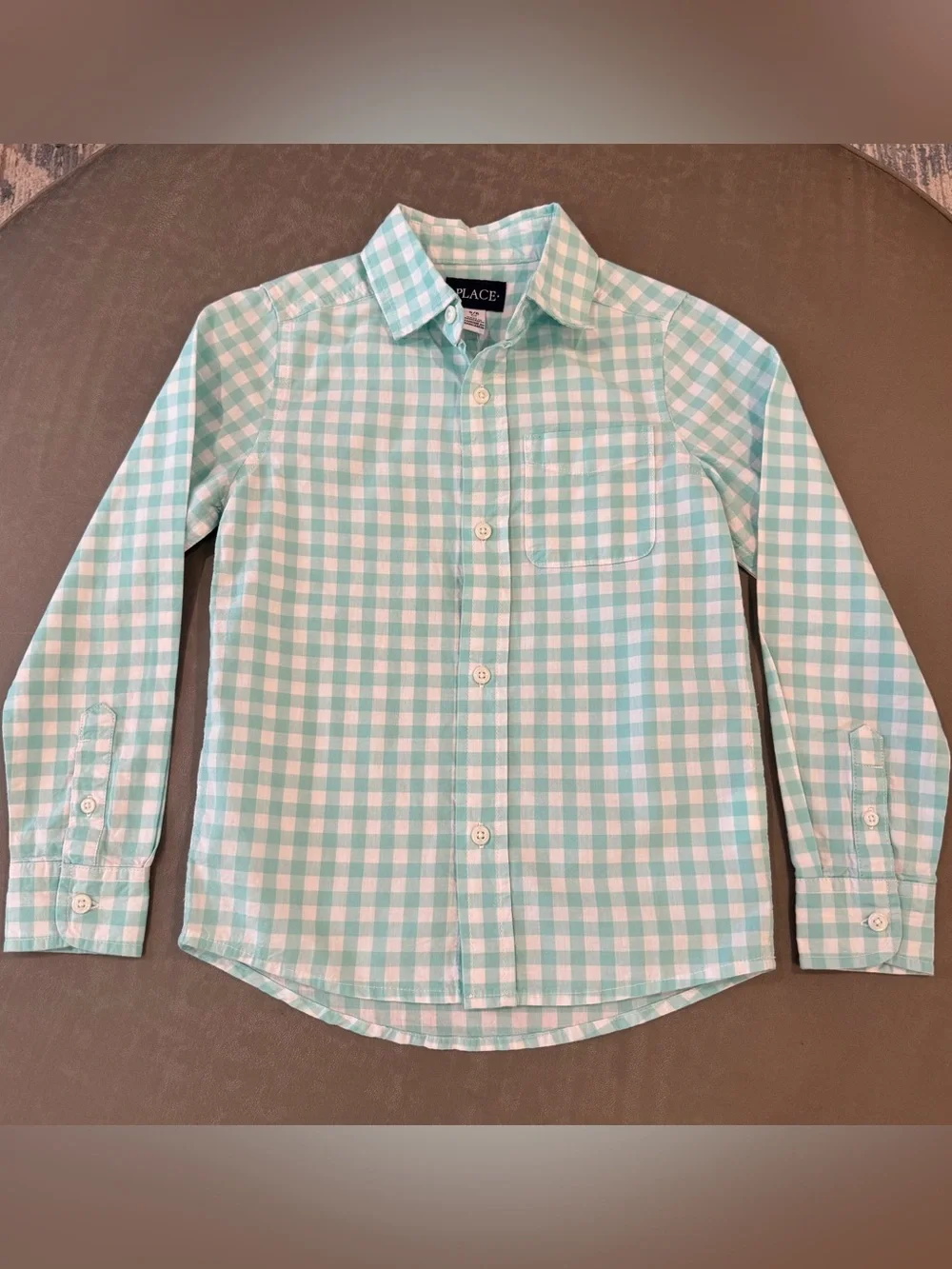 The Children’s Place Boys 5/6 Gingham Button Down Shirt Aqua NWT